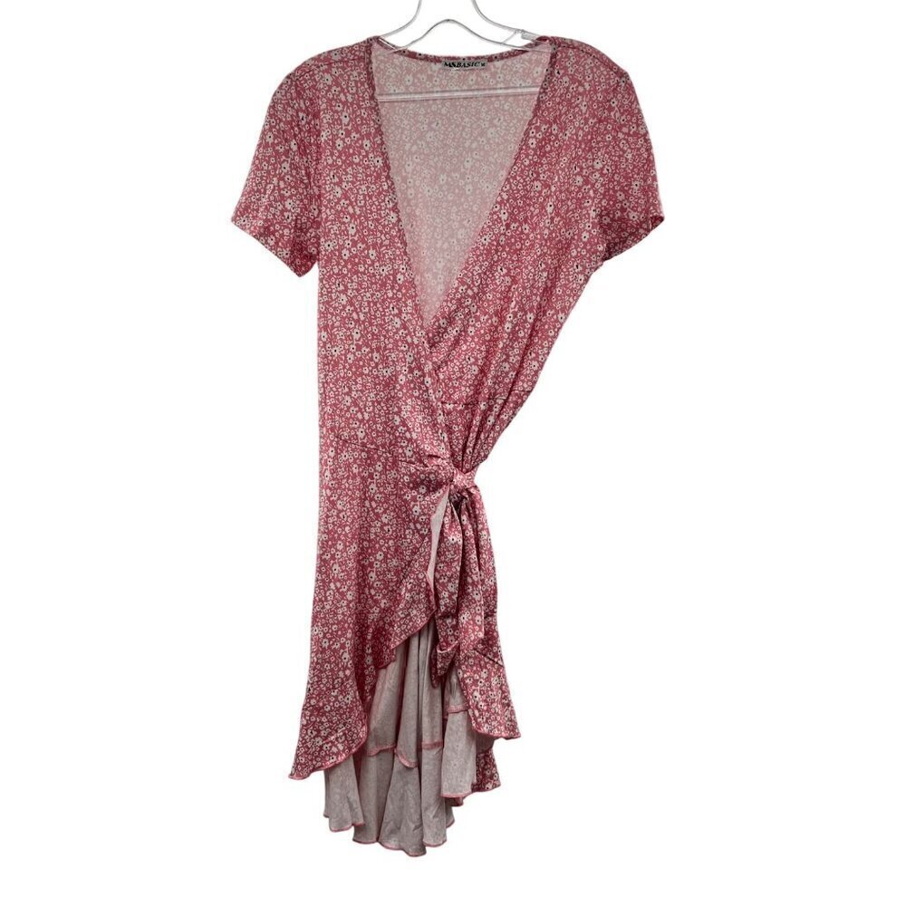 MS Basic Floral Short Sleeve Wrap Dress Pink/Multi Size Medium Above Knee